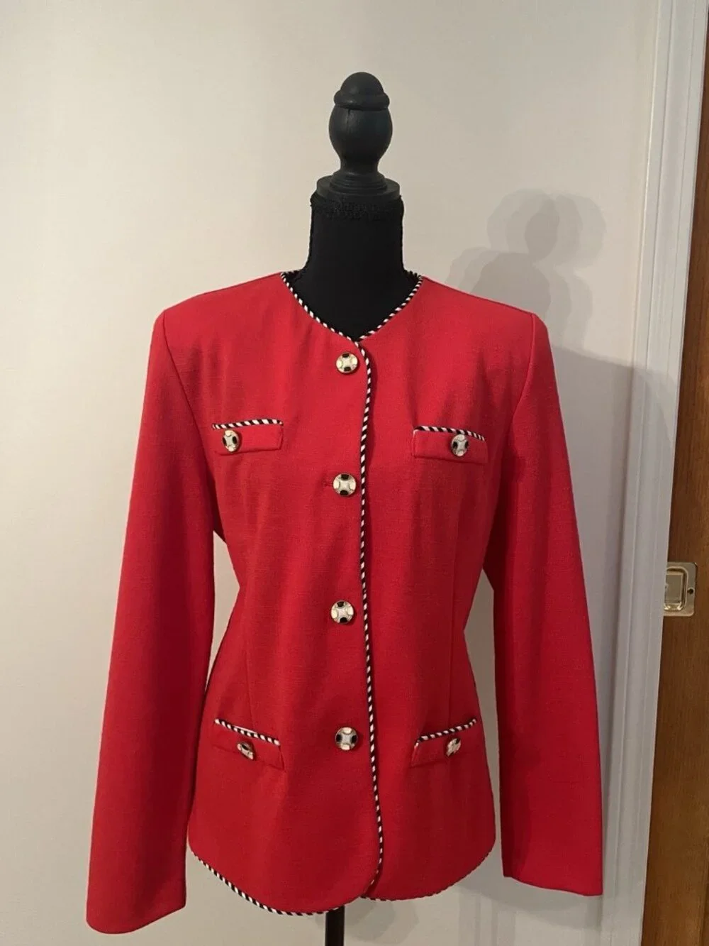 Vintage Red Suit Jacket Blazer, Striped Trim, Retro Dressy Buttons Old Money, 12